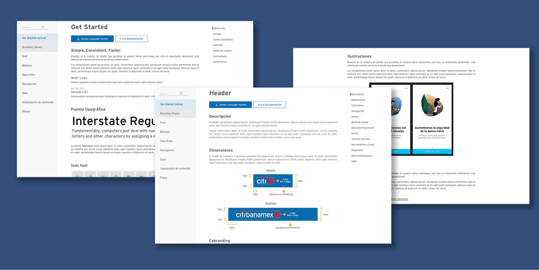 Citibanamex BlueBox documentation pages with navigation, header, illustration, and logo specifications