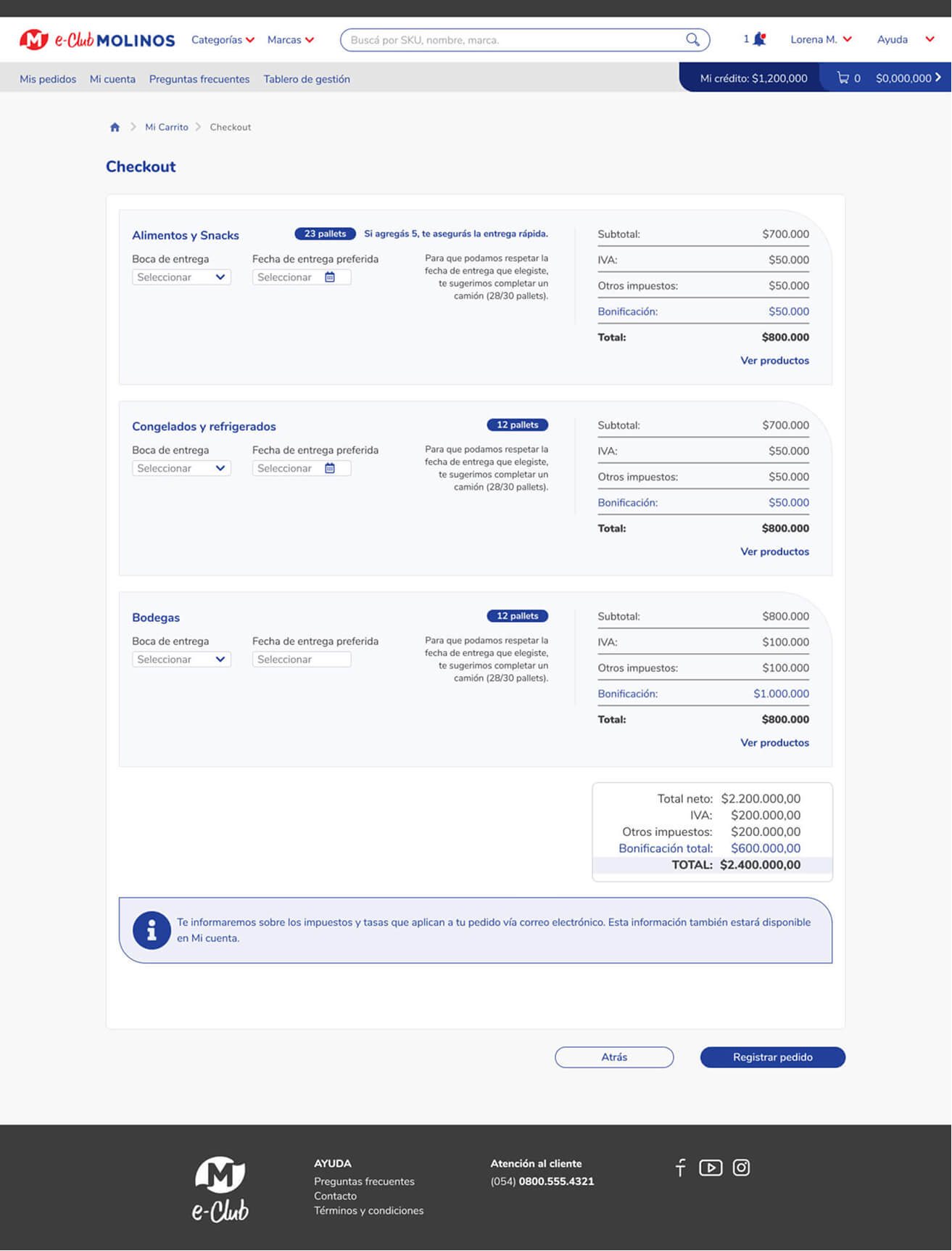 Molinos eClub B2B checkout desktop screen with delivery groups, pallet guidance, totals, and order registration