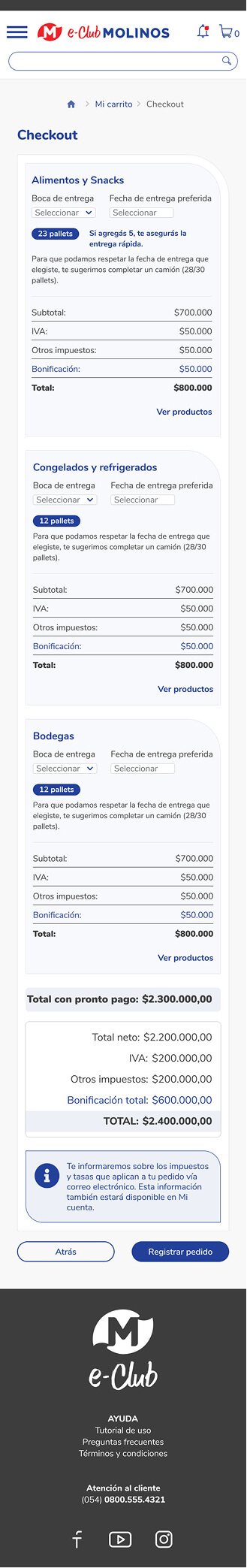 Molinos eClub B2B mobile checkout screen