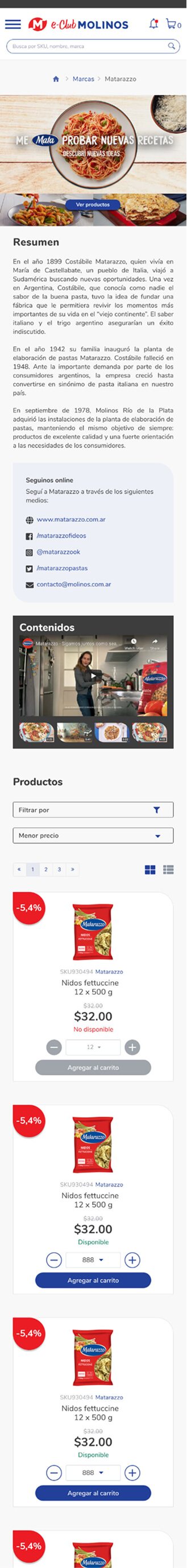 Molinos eClub B2B mobile brand page screen