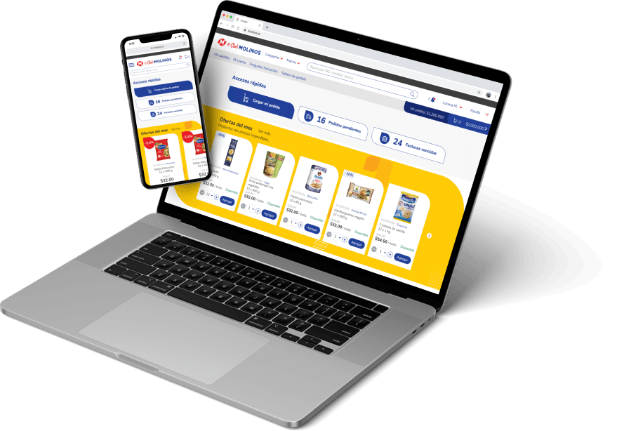 Molinos eClub B2B commerce interface shown on laptop and mobile devices
