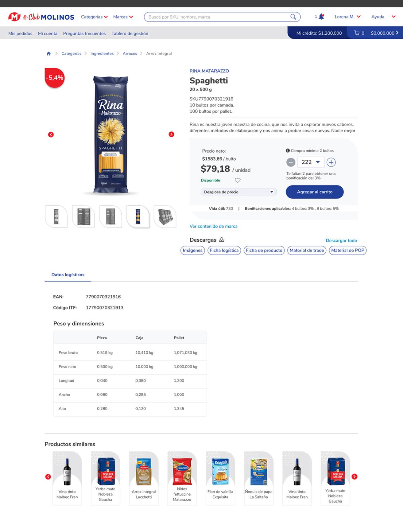 Molinos eClub B2B product detail desktop screen with pricing, quantity controls, downloads, and logistics data
