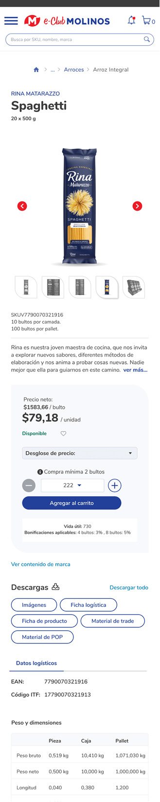 Molinos eClub B2B mobile product detail screen