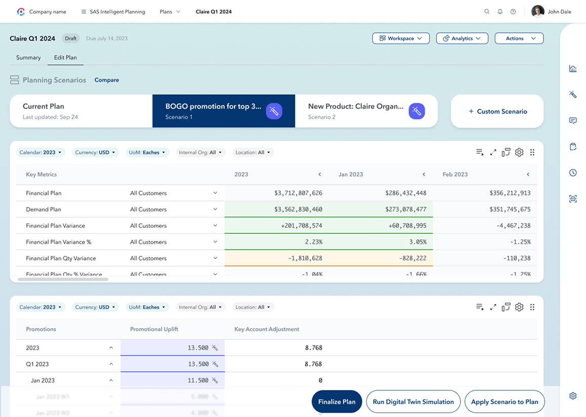 SAS planning scenario screen