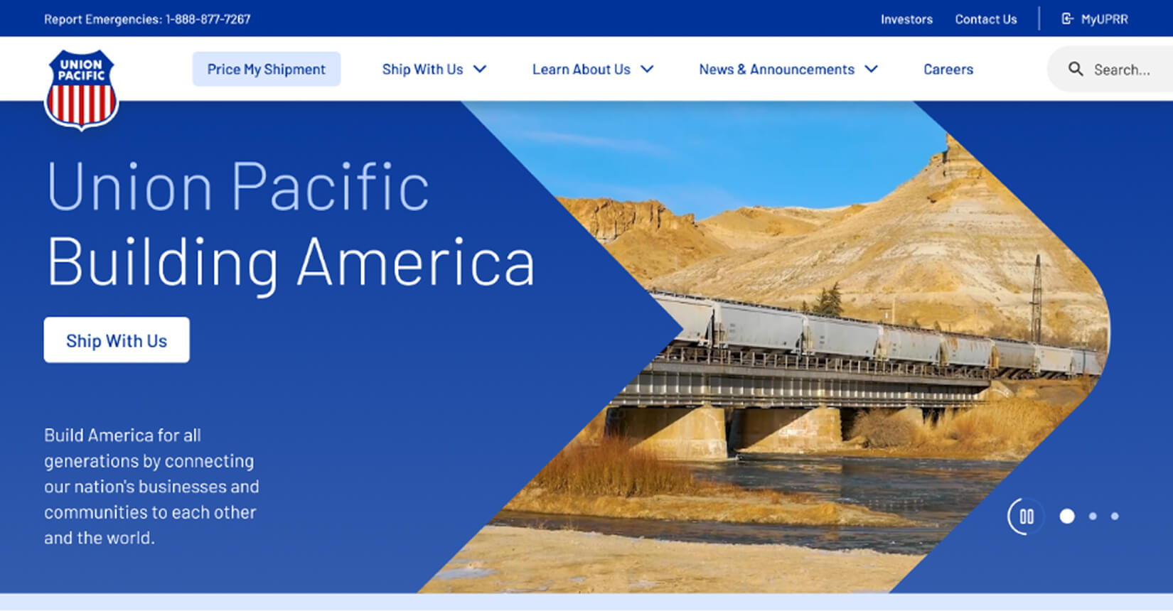 Union Pacific redesigned home page in desktop layout